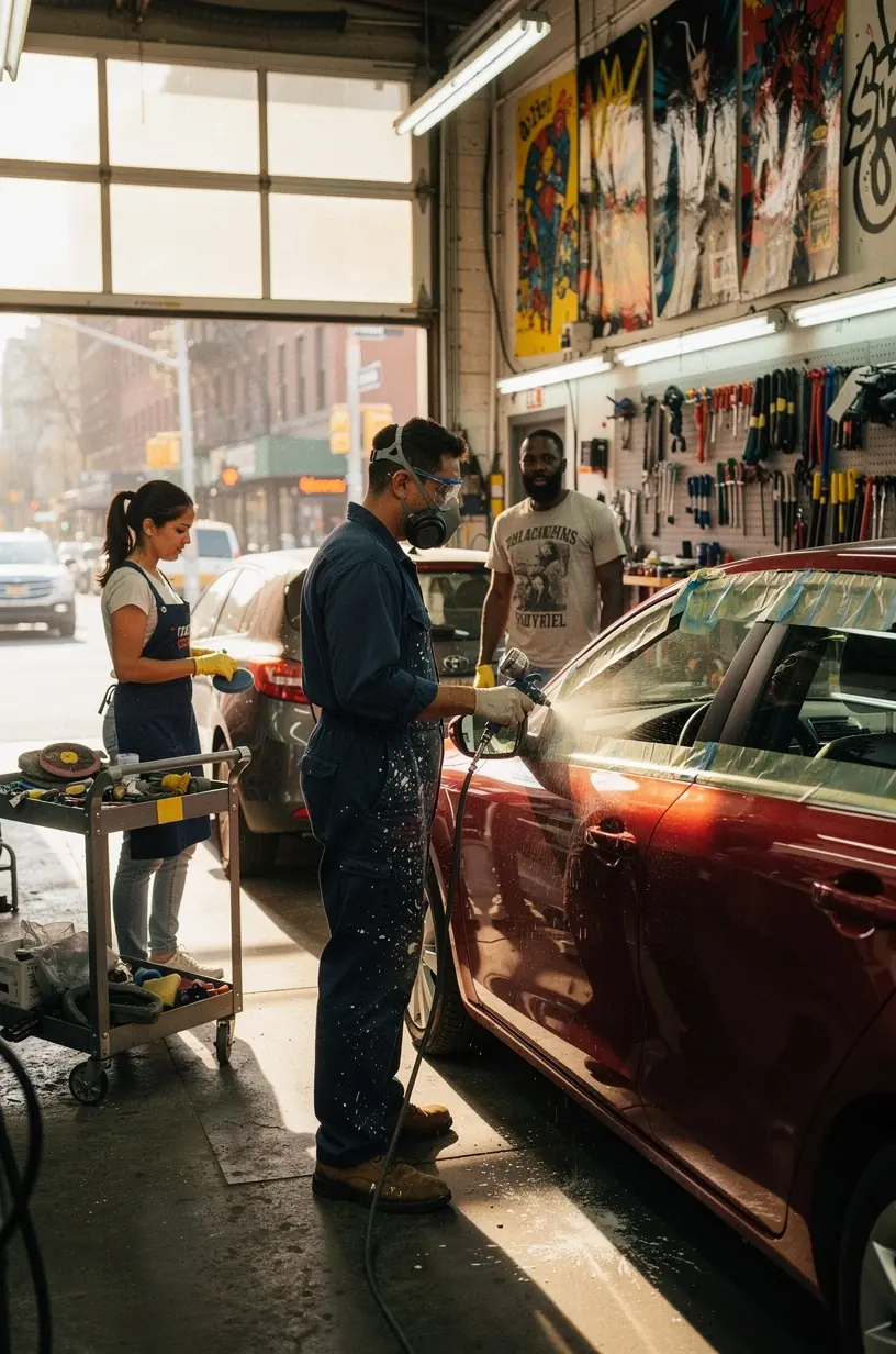 Technician carefully sanding the exterior of a compact car in a New York auto body repair studio for flawless repainting.