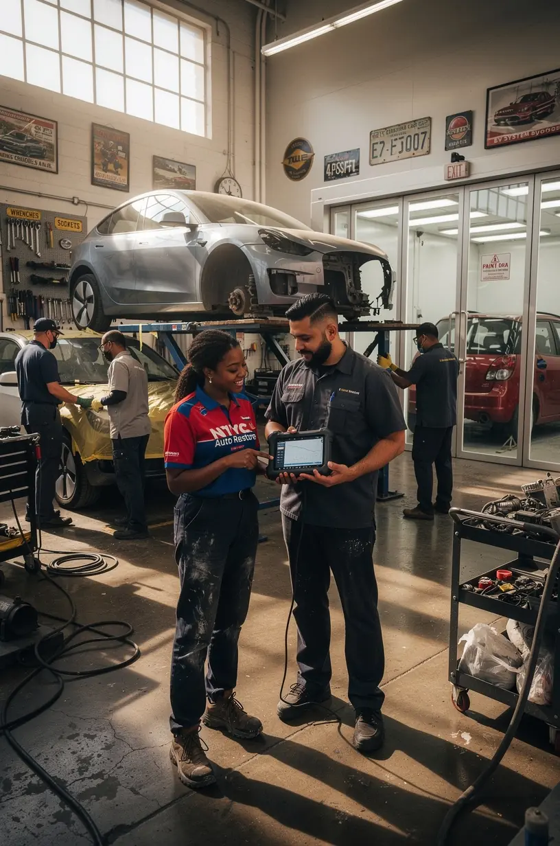 Close-up of a mechanic inspecting damage on a small urban vehicle, demonstrating precise restoration techniques in a professional workshop.