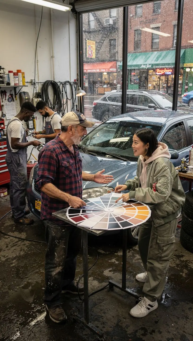 Bright and clean auto repair bay showing compact cars being restored and repainted, highlighting expert services in New York city.